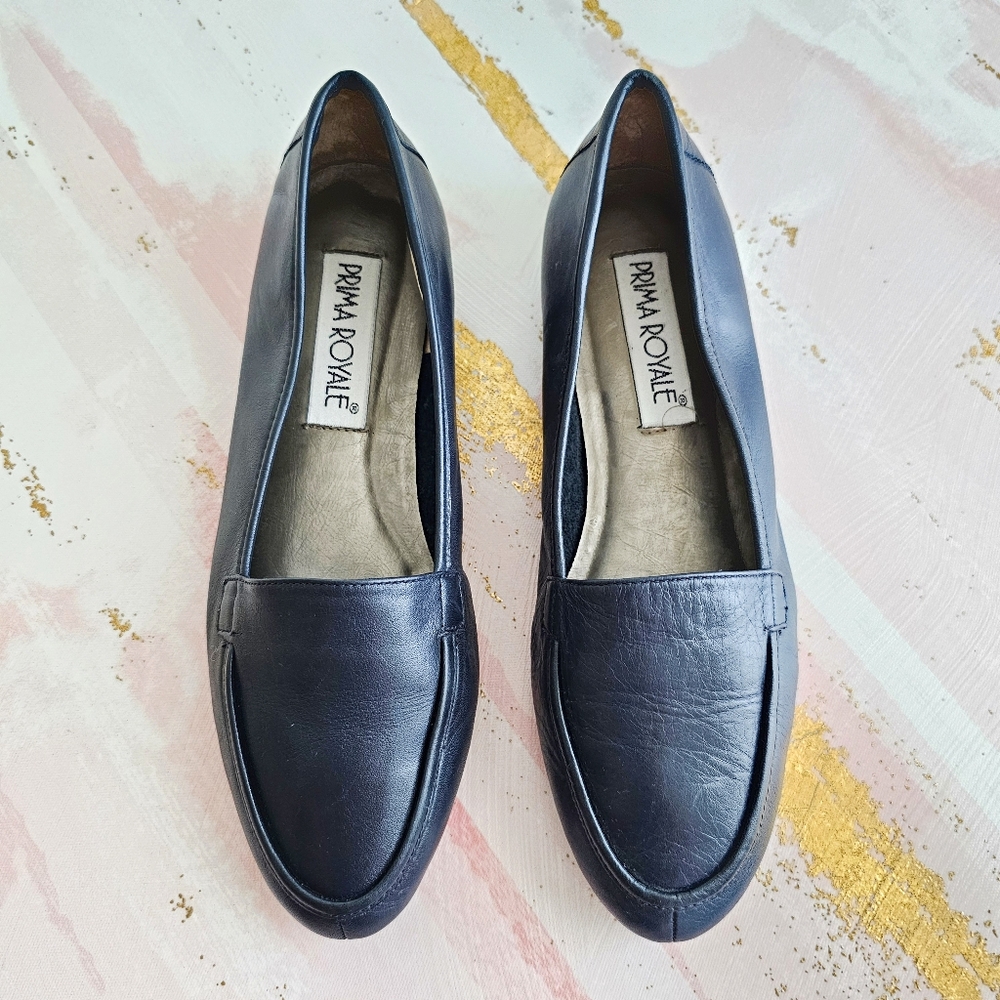 Vintage Prima Royale Genuine Leather Navy Blue Women's Loafer Shoes Size 8.5M